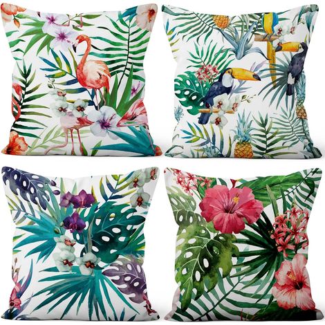 Housses de Coussin Lot de 4, Coussin D'Été Tropical Couvre Le Motif Fleur Feuille Flamant Rose Doux Court Peluche Carré Taie d'oreiller pour Sofa Canapé Chambre Chaise Domicile Décor 40x40cm (1/5)