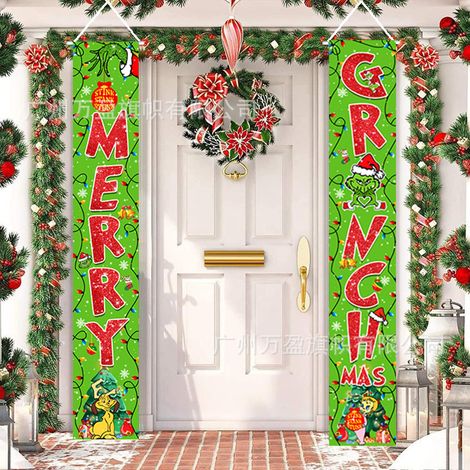 2 distiques de Noël, décorations extérieures, drapeaux extérieurs, Grinch Joyeux Noël atmosphère de fête décoration drapeau suspendu 180 cm x 30 cm tissu polyester 100D (1/4)