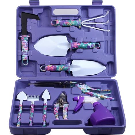 Cet ensemble de 10 outils de jardinage présente un motif floral et des poignées ergonomiques. Il comprend une pelle, un râteau, un désherbeur, un sécateur et un pulvérisateur.