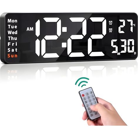 Horloge murale numérique de 40,6 cm avec télécommande, affichage numérique à 10 niveaux de luminosité, grand compte à rebours avec affichage de la date, de l'heure et de la température, 2 alarmes, idé (1/4)
