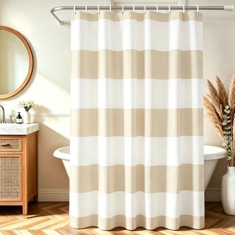 Rideau de douche, 240 x 180 cm, rayures beige, ourlet lesté, textile anti-moisissure, hydrofuge, rideaux de bain lavables en polyester avec œillets et 16 anneaux de rideau de douche (1/5)