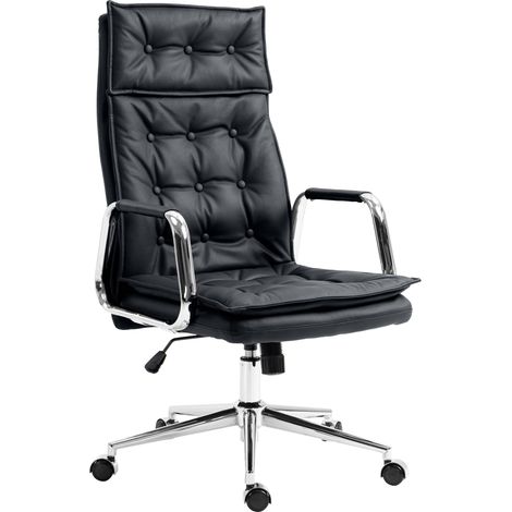Fauteuil de bureau capitonné rembourrage épais en véritable cuir noir et pieds métal chromé 100007105 (1/5)
