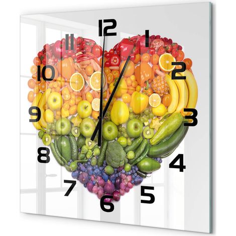 Grande Horloge Murale Carrée Design Original Verre Silencieuse Déco Maison Cœur de légumes 60x60 cm (1/5)