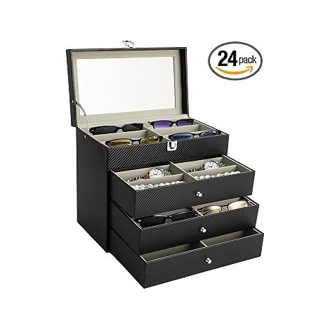 MINRS 33,5 x 19 x 29,5 cm - Boîte de rangement pour 24 lunettes avec vitrine en verre - Rangement pour montres et bijoux - Boîte de rangement empilable (1/5)