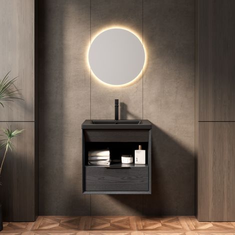 Meuble lave-mains suspendu 51 cm en céramique noire et contreplaqué chêne foncé, avec tiroir et étagère (1/5)