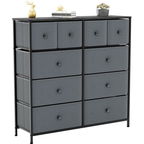Chorley 10 Drawer Fabric Chest of Drawers Metal Frame Bedroom Living Room Storage, Grey-&-Black