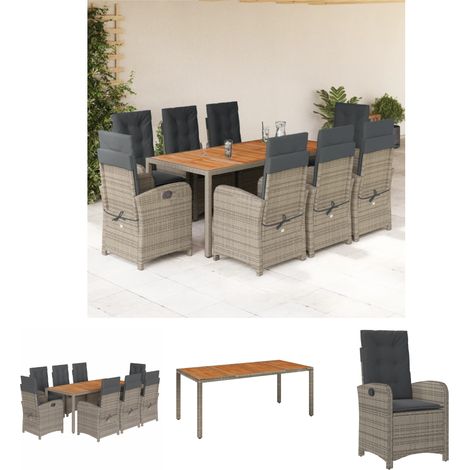 The Living Store 9-tlg. Garten-Essgruppe mit Kissen Grau Poly Rattan -  Gartenmöbel-Sets (1/5)
