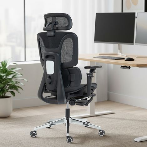 Silla de Oficina Ergonómica con Respaldo y Soporte Lumbar Ajustables, Reposabrazos 6D, Reposapiés, Plástico Negro (1/5)