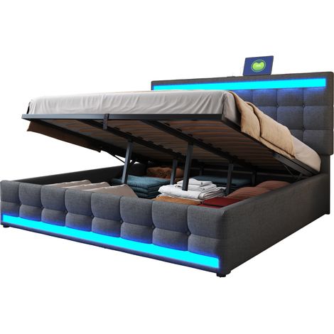 Letto Matrimoniale 180 x 200 cm, 2 USB, LED RGB, Testiera Regolabile, senza Materasso, Grigio (1/5)