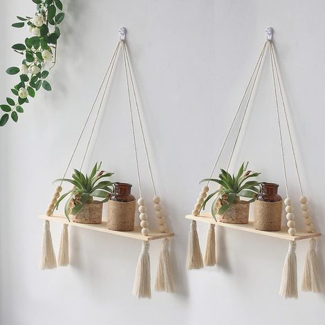 Lot de 2 étagères murales en bois - Étagère suspendue en macramé avec pompon, étagère flottante de rangement bohème, support pour plantes suspendu (1/5)