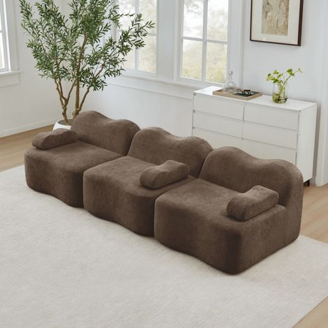 Canapé Modulaire 3 Places sans Cadre, Mousse 32D Haute Densité, Design Ondulé, Assise Profonde, Coussin d\'Accoudoir, Salon, Marron (1/5)