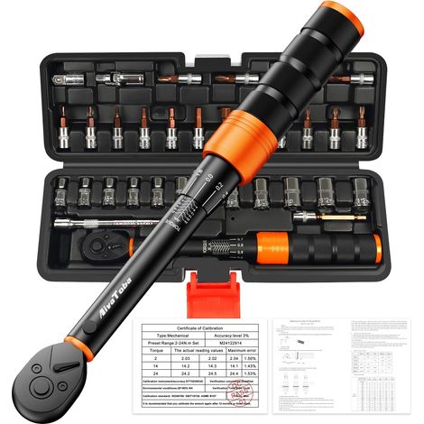 Clé Dynamométrique Vélo 1/4", 2-24 Nm, Précision ±3%, Coffret de 33 Pièces avec 29 Douilles et Embouts (Hex, Torx, Phillips, 4-13mm), Rallonge, Adaptateur pour VTT et Vélo de Route (1/5)