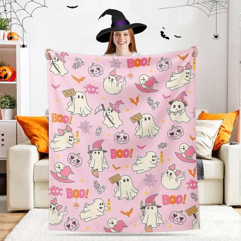 Couverture fantôme d'Halloween, plaid citrouille mignon, couverture douce et confortable en flanelle rose pour canapé, lit et soirée à la maison (1/5)