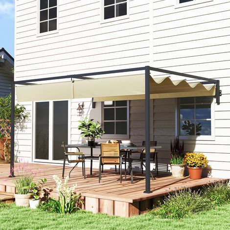 3 x 4m Steel Pergola, with Retractable Canopy - Khaki