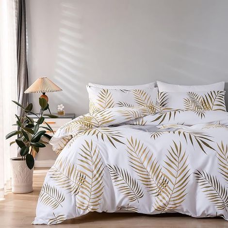 Duvet Cover Set 240 x 260 cm Botanical Golden Tropical Leaves Design Double Pillowcases 65 x 65 cm Microfibre Bed Linen Set Zip White Gold (1/3)