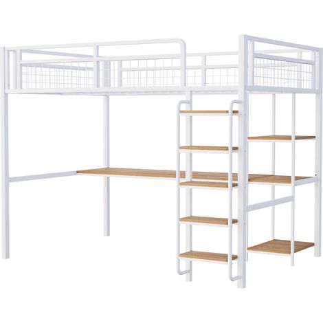Lit mezzanine métal blanc 140x200 cm avec bureau et étagères, échelle sécurisée, garde-corps grillagé, sommier inclus (1/5)