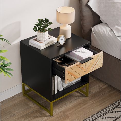 Nachttisch 43x40x55 cm schwarz/natur aus MDF mit Schublade, offenem Fach und Metallbeinen (1/5)