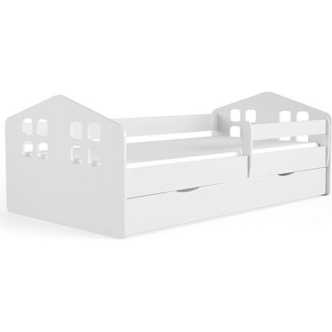 Lit enfant en forme de maison blanche Beno-Matelas mousse-Couchage 80x180 cm-Tiroirs Avec tiroir (1/5)
