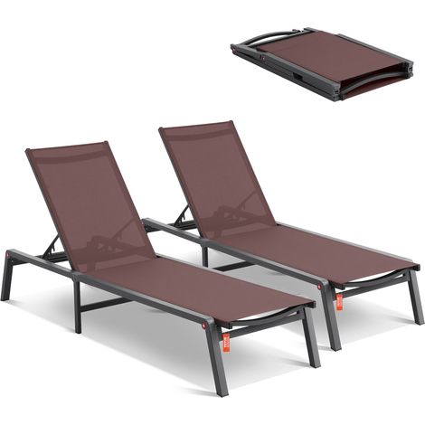 VEVOR Chaise Lounge Chairs Outdoor, Aluminum Patio Lounge Chairs with Adjustable 5-Position, Folding Pool Lounge Chairs Recliner and Full Flat Tanning Chairs for Patio, Beach, Pool, Brown, 2 pcs (1/5)