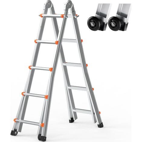 Mophorn 19 ft Teleskopleiter A-Rahmen, kompakte Aluminiumverlängerung, multifunktionale zusammenklappbare Wohnmobilleiter für Zuhause, Treppen, drinnen/draußen, 330 lb Tragkraft, silber