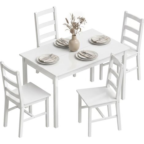 5-teiliges Esszimmer-Set für 4 Personen, rechteckiger Esstisch und Stühle aus massivem Holz, für kleine Räume, Weiß (1/5)