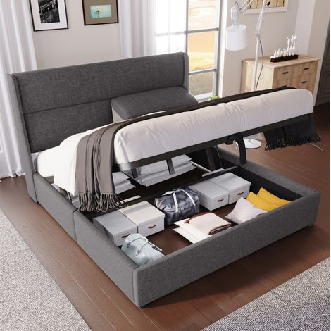 Letto matrimoniale 165x217x113 cm, con testiera regolabile, contenitore idraulico, rete metallica, lino grigio (1/5)