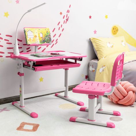 Ensemble Bureau Chaise Enfants Éclairage LED Plateau Incliné Réglable Rose CW63183 (1/2)
