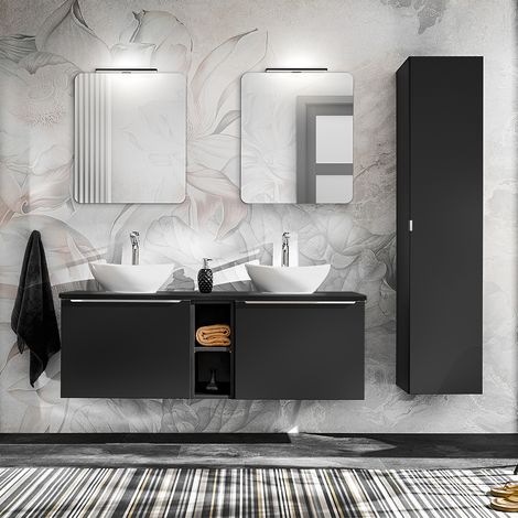 Doppelwaschtisch und Hängesäule 140cm Éros mit 2 Schubladen, Schwarz