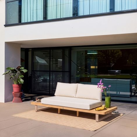 sweeek - Banquette de jardin bois d'acacia et aluminium 2 places beige - Latika (1/5)