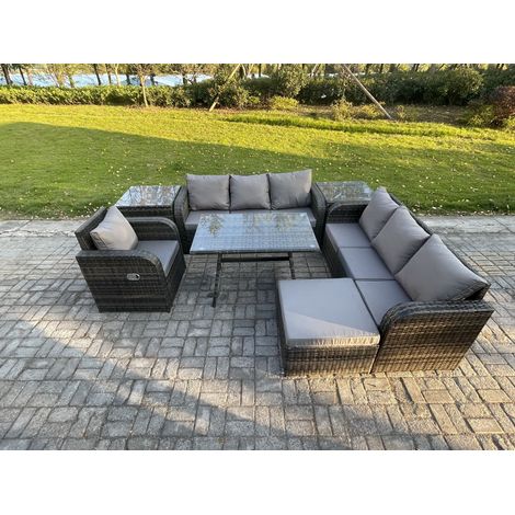 Fimous Garten Sofa im Freien Set Polyrattan Gartenmöbel Set mit Rechteckiger Esstisch Liegestühle 2 Beistelltischen 2 Großer Hockern Dunkelgrau Gemischt (1/5)