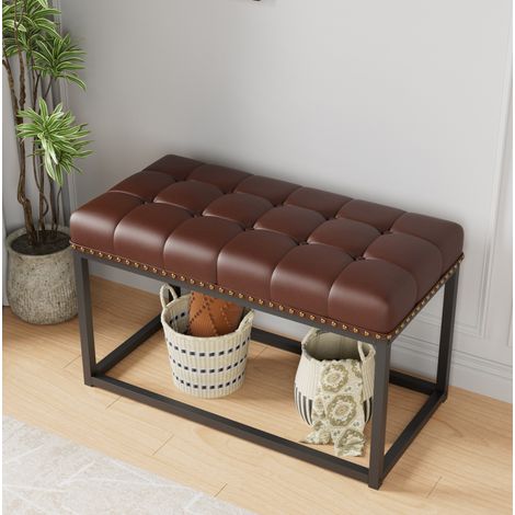 Panca vintage imbottita 90 x 46 x 52 cm in ecopelle marrone e metallo nero (1/5)