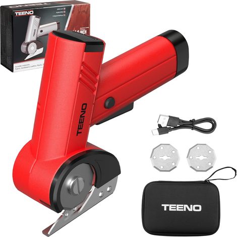 TEENO Ciseaux Électriques Sans Fil 4.2V 2 Lames, Coupe jusqu’à 6 mm, Coupe Tissu & Couture, Cutter Rotatif, Forbici Elettriche, Pour carton, moquette, plastique, cuir, Écran LED, Rouge (1/5)