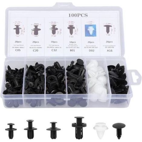100Pcs Rivet Clips Plastique Voiture- Clips d'Aile en Plastique Universels - Clips Voiture Attaches de Pare Chocs Clips à Rivets Kit de Remplacement Vis d'Expansion avec Étui de Rangement (1/4)