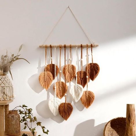 Tapiz de pared, pequeñas borlas, hilo marrón, adorno colgante, decoración para dormitorio, sala de estar, dormitorio universitario (1/5)