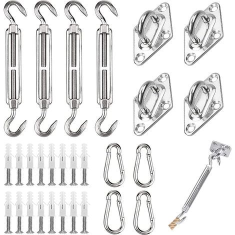 44 pcs Kit de Fixation pour Voile D'ombrage, Inoxydable Kit de Montage Fixations d'ombrage de Voile, de Fixation pour Triangle et Carré, Rectangle, du Soleil Voile D'ombrage (1/5)