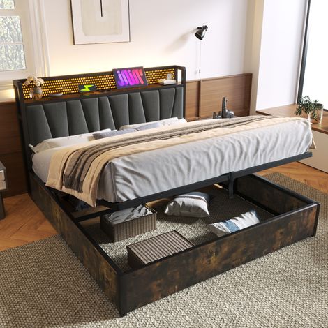 Bett Doppelbett Stauraum 160x200 LED Grau OKMYHOME
