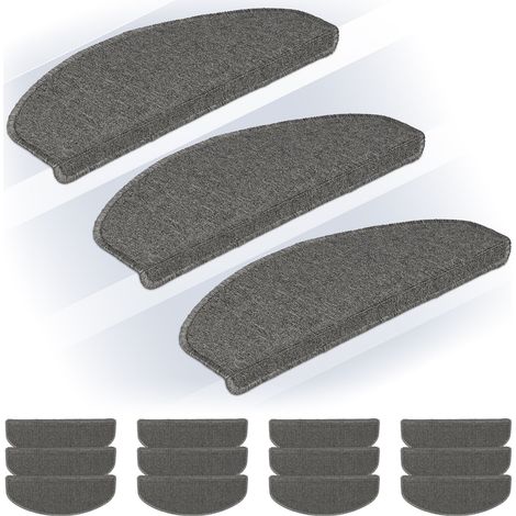 Relaxdays Stufenmatten im 15er Set, abgerundete Treppenstufenmatten, BxT: 65x24 cm, selbstklebende Treppenteppiche, grau