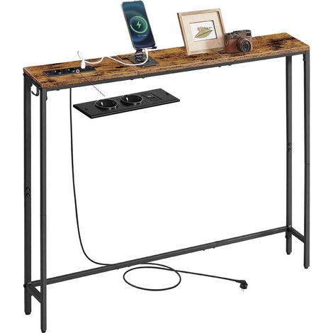 Tavolo consolle con multipresa tavolino 15 x 100 x 80 cm 1 gancio montaggio facile per ingresso/soggiorno marrone rustico e nero inchiostro 120007501