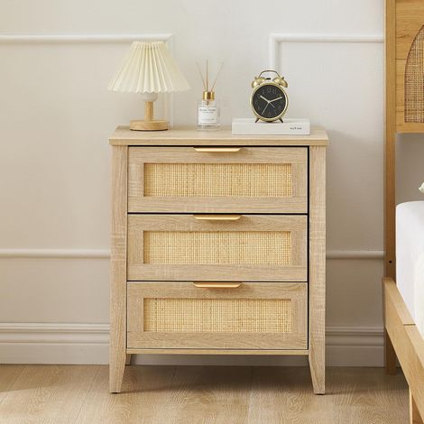 Table de Chevet Rotin 3 Tiroirs, Meuble Bohème en Bois, Table d’Appoint Chambre (1/5)
