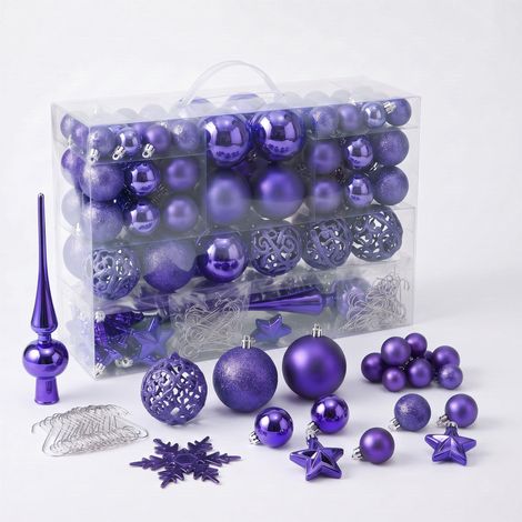 Kunststoff Christbaumkugel Set 111-teilig bruchsicher - lila - Design Weihnachtskugeln inklusive Metall Haken