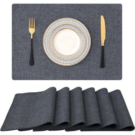 Set di 6 tovagliette, lavabili, in lino, resistenti al calore, antiscivolo, double-face, in tessuto, color antracite (1/5)