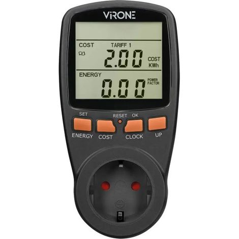 Calculatrice d'énergie avec écran LCD VIRONE EM-1(GS)/B, 3680 W, 16 A, Schuko, batterie intégrée, 2 tarifs, noire (1/2)
