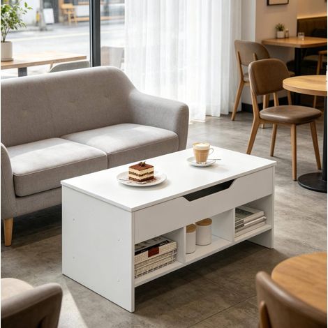 Table basse relevable 95x51x45 cm en bois blanc, avec rangement gain de place pour salon FloraGrace (1/5)