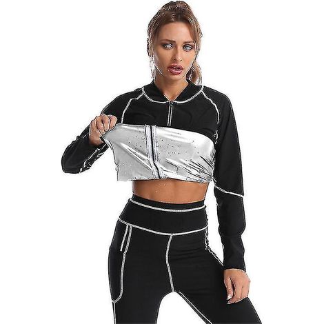 Ensemble de sudation amincissant pour femme, comprenant un haut brûleur de graisse, un legging thermo-gainant, une veste sculptante - XL - Noir et argent (1/5)