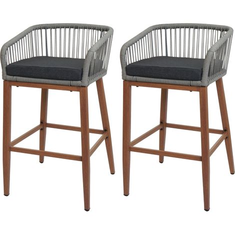 [NEUWERTIG] 2er-Set Rope-Barhocker HHG-110, Outdoor Sitzpolster Seilgeflecht Metall Holz-Optik hellgrau, Kissen dunkelgrau