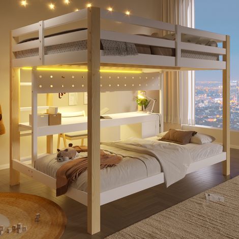 Lit mezzanine en pin 90x200 et 140x200 cm avec bureau, tiroirs, panneau perforé, éclairage LED, sans matelas (1/5)