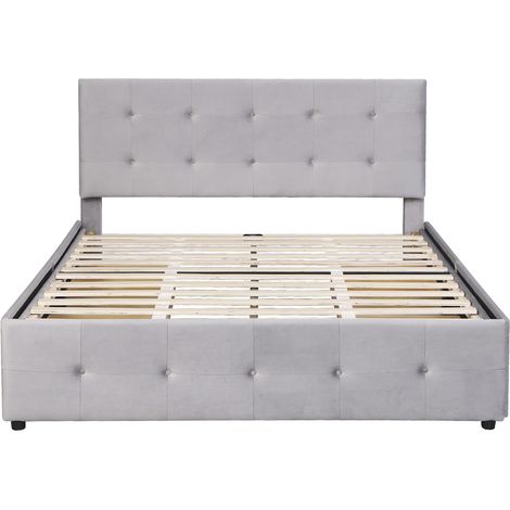Cama tapizada 140 x 200 cm con 4 cajones, somier de láminas y cabecero, gris, sin colchón (1/5)