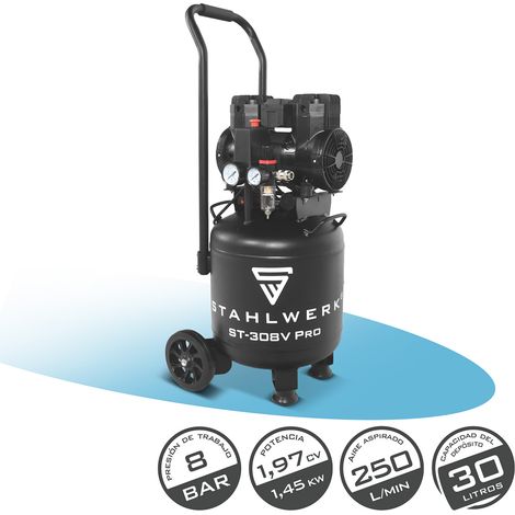 STAHLWERK Compresor con tanque de 30 L (ST-308V Pro) – sin aceite y silencioso, 8 bar, compresor de aire con motor sin escobillas, 1,97 CV, 1,45 kW, 250 l/min, compresor de pistón silencioso (1/5)
