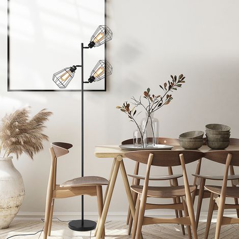 Lampada da terra dal design industriale, 3 lampadine max. 40W, paralume a gabbia in metallo nero.