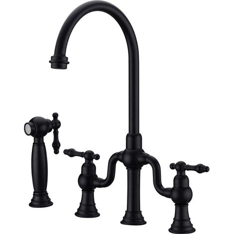 Robinet de Cuisine, RKF0398 Rétro Cuisine Robinet avec Pulvérisateur Latéral, 4 Trous 2 Poignées Mitigeur Cuisine, 59A Laiton, pour Eau Froide et Chaude (1/5)